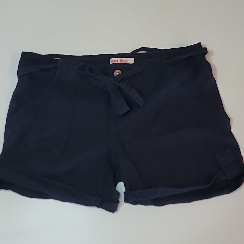FREE with Purchase HOT KISS Linen Bamboo Blend Shorts with Belt Fold Navy